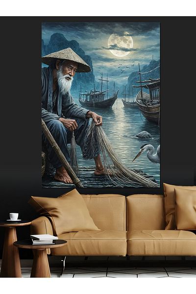 Tablomega Old Fisherman and Boats in Moonlight Decorative Canvas - Mdf Wooden Painting