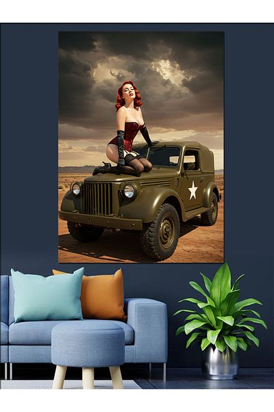 Tablomega Pânză decorativă Jeep și femeie puternică - Lemn MDF