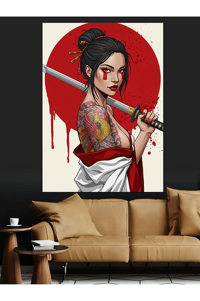 Tablomega Geisha Woman with Sword Decorative Canvas - Mdf Wooden Painting