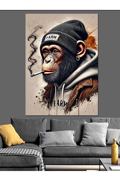 Tablomega Smoking Hat Chimpanzee Decorative Canvas - Mdf Wooden Painting