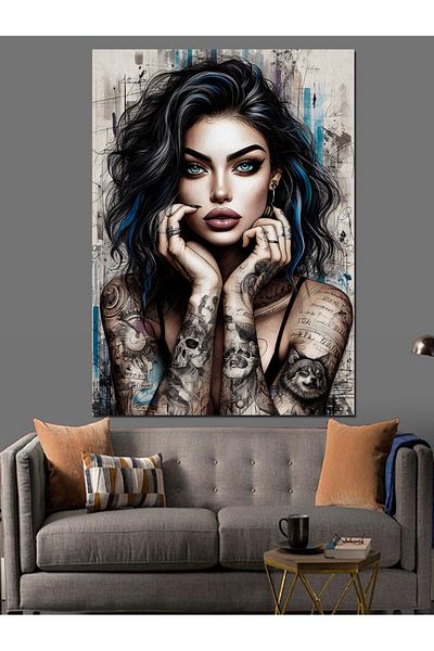 Tablomega Woman with Tattooed Arms Decorative Canvas - Mdf Wooden Painting