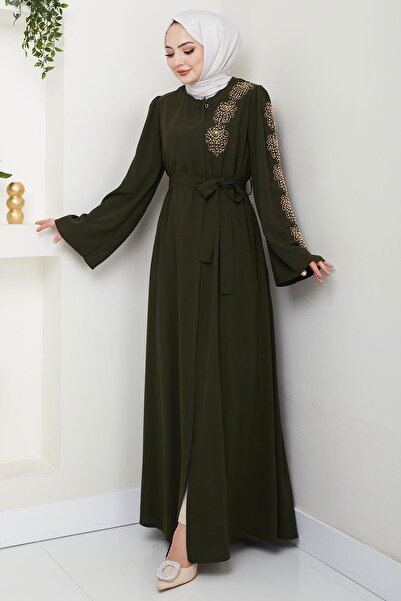 hafsamina Flower Stone Belt Ferace Khaki (Hm2713)