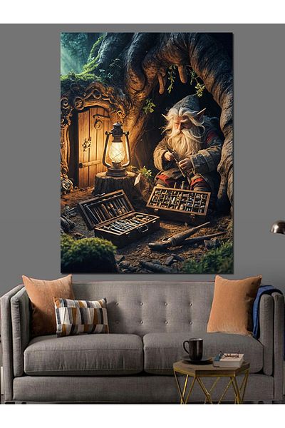 Tablomega Gas Lamp and Old Dwarf Decorative Canvas - Mdf Wooden Painting