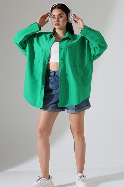 Corradeo Giyim Poplin Fabric Double Pocket Green Color Oversize Cotton Women's Tunic Shirt
