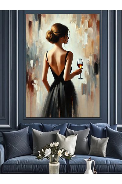 Tablomega Woman Decorative Canvas with Wine Glass - Mdf Wooden Painting
