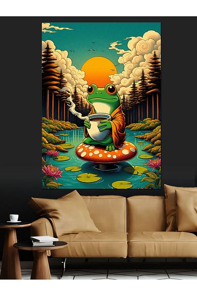 Tablomega Frog Drinking Coffee on Mushroom Decorative Canvas - Mdf Wooden Painting