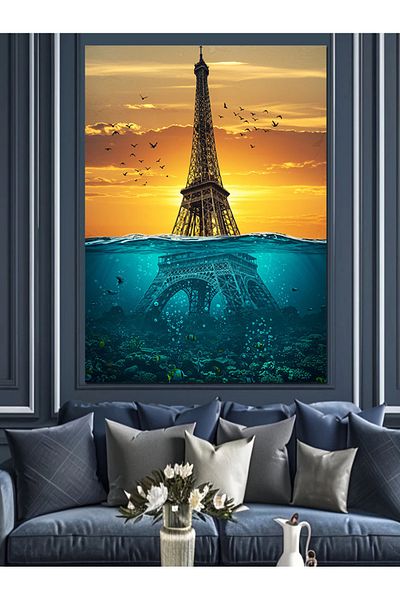 Tablomega Pânză decorativă cu desen Eiffel și submarin - pictură din lemn MDF