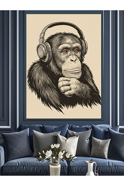 Tablomega Monkey with Headphones Drawing Decorative Canvas - Mdf Wooden Painting