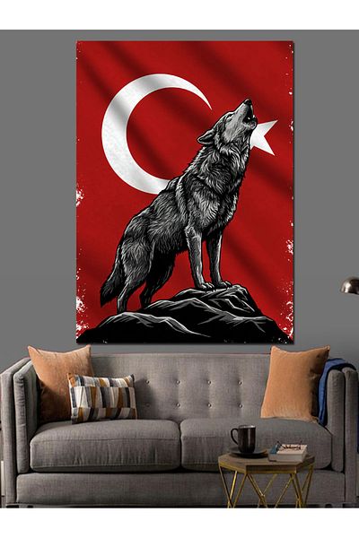 Tablomega Howling Wolf and Turkish Flag Decorative Canvas - Mdf Wooden Painting