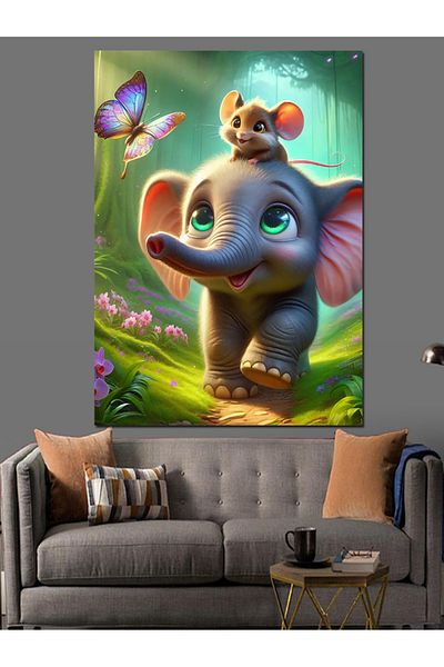 Tablomega Mouse and Butterfly on Elephant Back Decorative Canvas - Mdf Wooden Painting