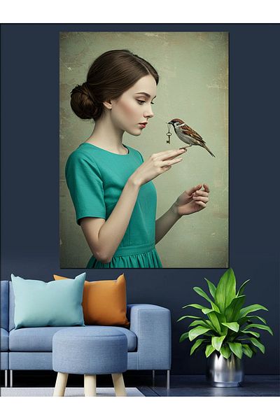 Tablomega Woman Decorative Canvas with Bird Friendship - Mdf Wooden Painting