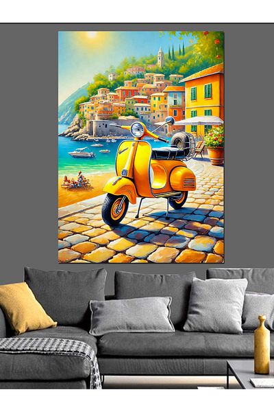 Tablomega Yellow Motorcycles and Mediterranean Streets Decorative Canvas - Mdf Wooden Painting