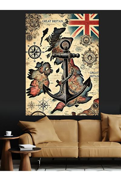 Tablomega Nautical Map and Nautical Icons Decorative Canvas - Mdf Wooden Painting