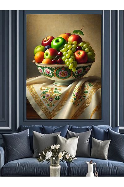 Tablomega Fruit Bowl and Embroidered Tablecloth Decorative Canvas - Mdf Wooden Table