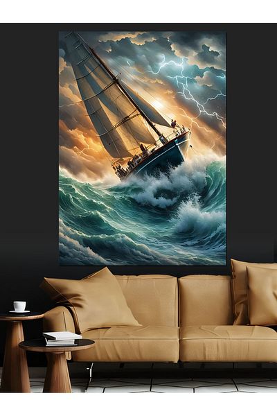 Tablomega Pânză decorativă Waves Lightning și Barcă - Lemn MDF