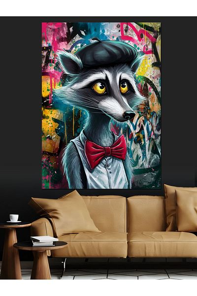 Tablomega Raccoon Decorative Canvas with Graffiti and Bow Tie - Mdf Wooden Painting