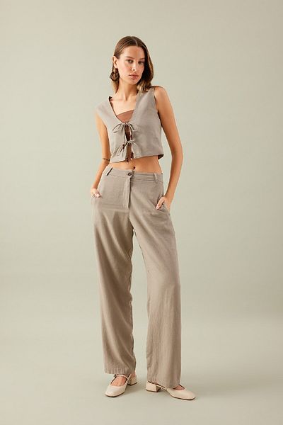 DeFacto Straight Fit High Waist Wide Leg Long Length Linen Blended Pants with Pockets C8644Ax24Sm