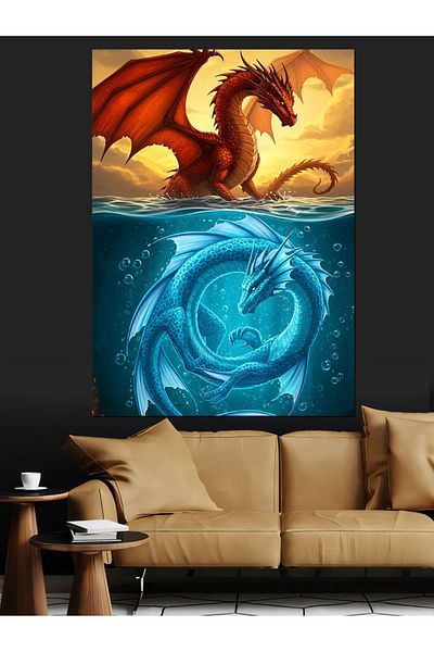 Tablomega Pânză decorativă Dragon Flaming și Apă - Lemn MDF