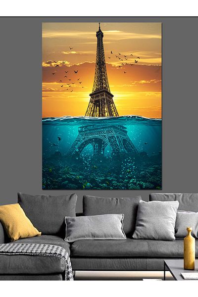 Tablomega Pânză decorativă cu desen Eiffel și submarin - pictură din lemn MDF