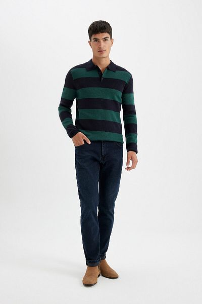 DeFacto Standard Fit Regular Cut Striped Polo Collar Knitwear Sweater Y4194Az24Wn
