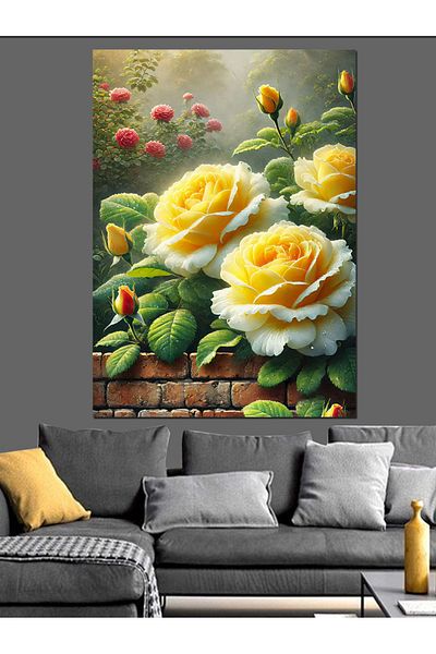 Tablomega Yellow Roses Garden Decorative Canvas - Mdf Wooden Table