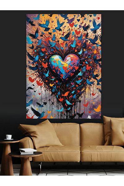 Tablomega Colorful Heart and Birds Decorative Canvas - Mdf Wooden Painting
