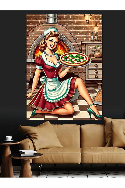 Tablomega Woman Serving Pizza Decorative Canvas - Mdf Wooden Painting