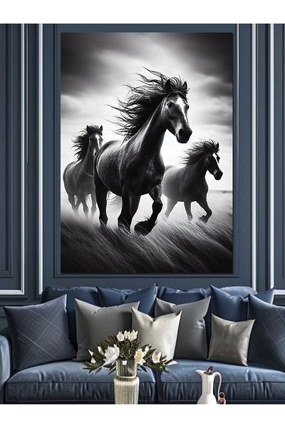 Tablomega Pânză decorativă Özgür Black Horses - Lemn MDF