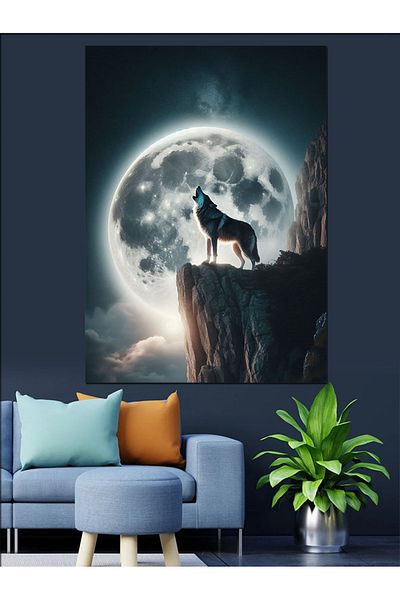 Tablomega Full Moon and Wolf Decorative Canvas - Mdf Wooden Painting