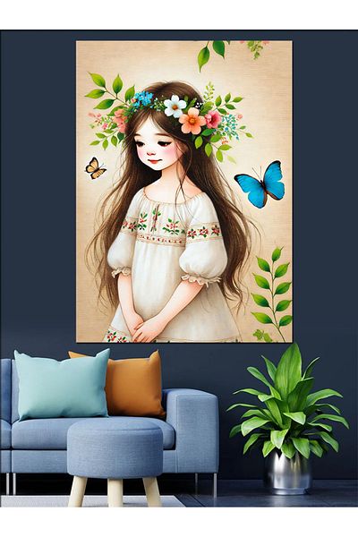 Tablomega Pânză decorativă pentru fată cu flori și fluture - Lemn MDF