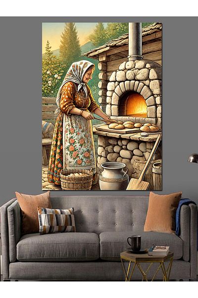 Tablomega Wooden Furnace and Old Lady Decorative Canvas - Mdf Wooden Painting