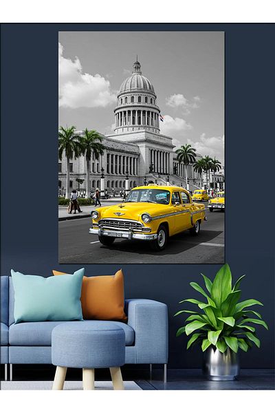 Tablomega Pânză decorativă Cuba și Taxi Galben - Lemn MDF