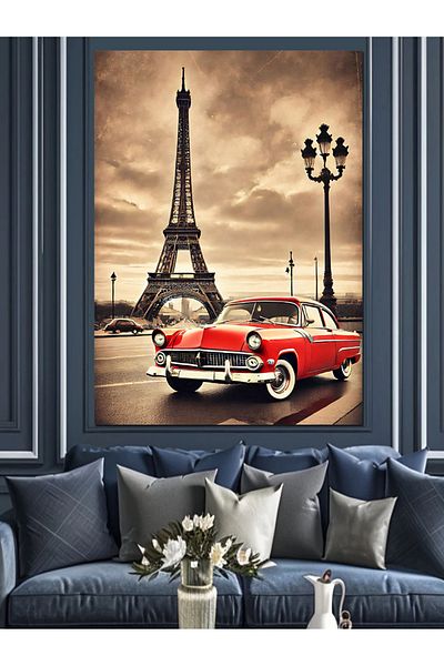 Tablomega Pânză decorativă mașină clasică și turnul Eiffel - pictură din lemn MDF
