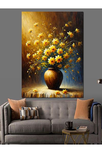 Tablomega Yellow Flower Vase Decorative Canvas - Mdf Wooden Table