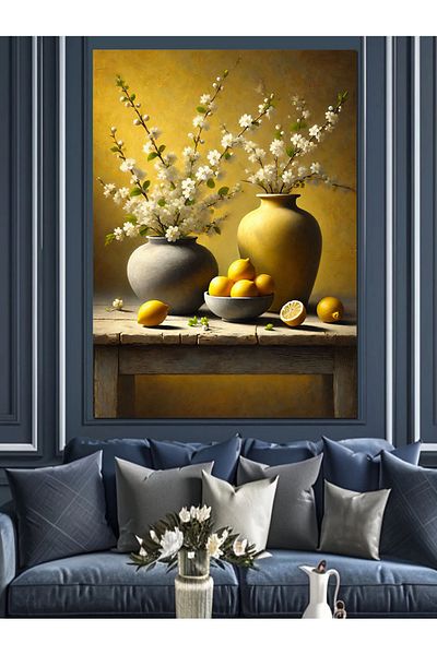 Tablomega Lemon and Flower Vase Decorative Canvas - Mdf Wooden Table