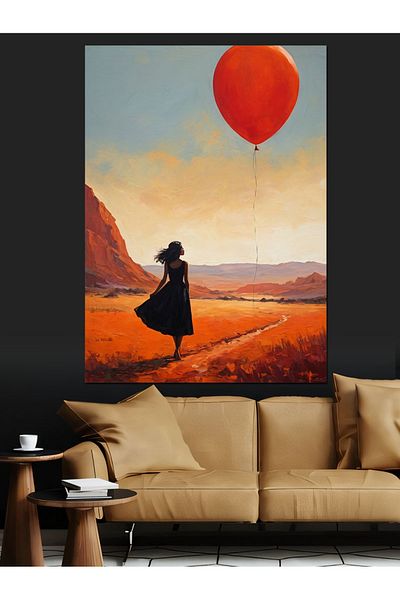 Tablomega Red Flying Balloon and Women Decorative Canvas - Mdf Wooden Painting
