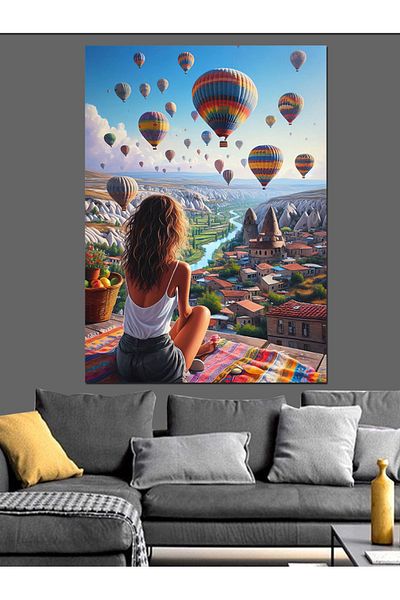 Tablomega Διακοσμητικός καμβάς Cappadocia And Flying Balloons - Ξύλινος πίνακας MDF