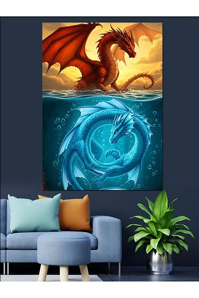 Tablomega Pânză decorativă Dragon Flaming și Apă - Lemn MDF