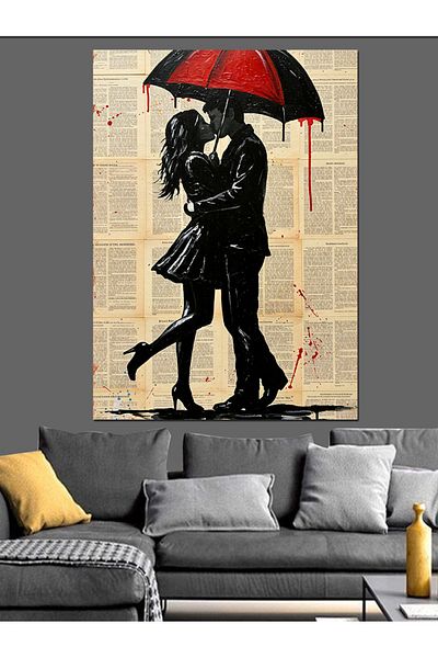 Tablomega Romantic Love Decorative Canvas with Umbrella - Mdf Wooden Painting