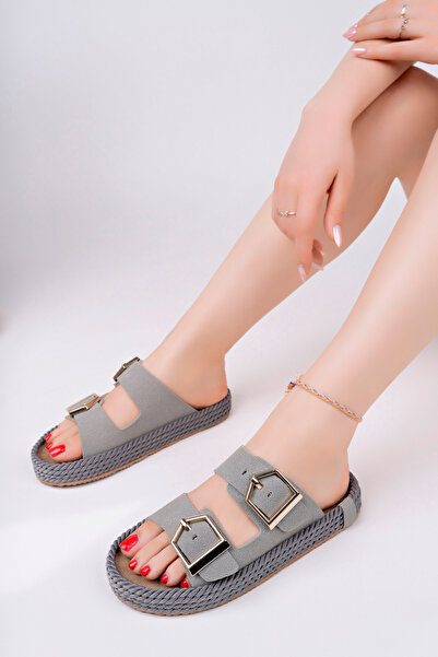 meyra'nın ayakkabıları Γυναικείες Σκούρο Γκρι Ορθοπεδική Σόλα Ψάθινες Παντόφλες Διπλής Πόρπης