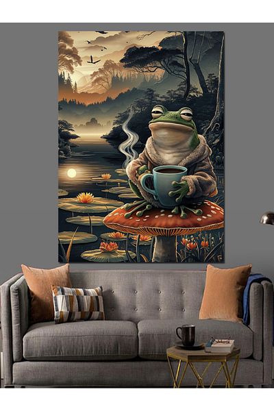 Tablomega Coffee Drinking Frog Decorative Canvas - Mdf Wooden Painting