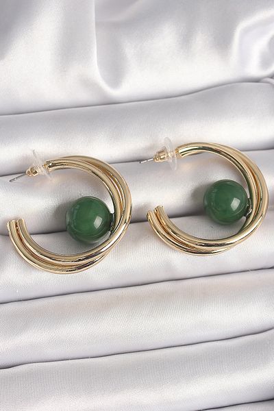 Clariss Brass Gold Color Hoop Model Green Bead Detail Women's Earrings
