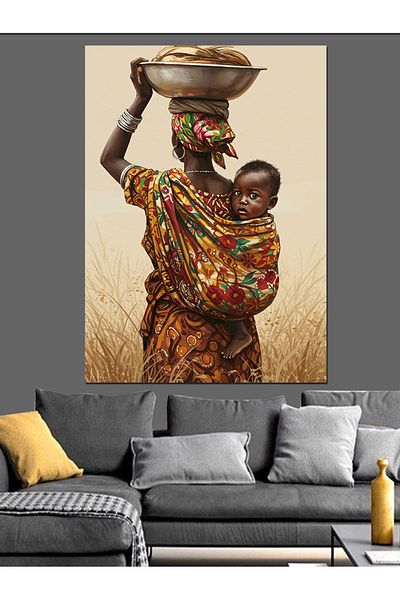 Tablomega Femeie africană care poartă un bebeluș Pânză decorativă - Lemn MDF