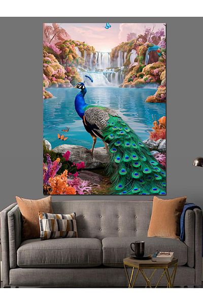 Tablomega Forest Waterfall Landscape and Peacock Decorative Canvas - Mdf Wooden Painting