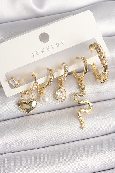 Clariss Brass Gold Color Dangle Snake Model Zircon Stone Ring Lock Heart Detail Women's Earring Set