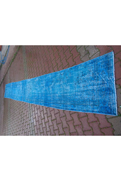 ŞAHMERDANOĞLU Şahmerdanoğlu 80 x 600 Cm El Dokuması Boyama-Vintec, Turkuaz Mavi Yün Yolluk Halı v92