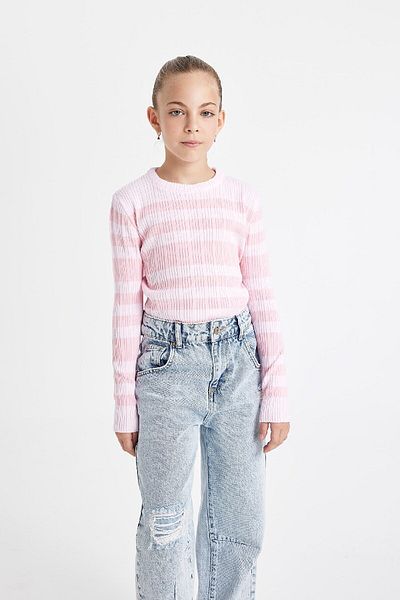 DeFacto Girl's Pink Striped Standard Fit Crew Neck Tight Knitwear Sweater C6974A824Au