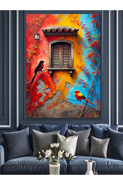 Tablomega Pânză decorativă pentru fereastră cu pasăre colorată - Lemn MDF