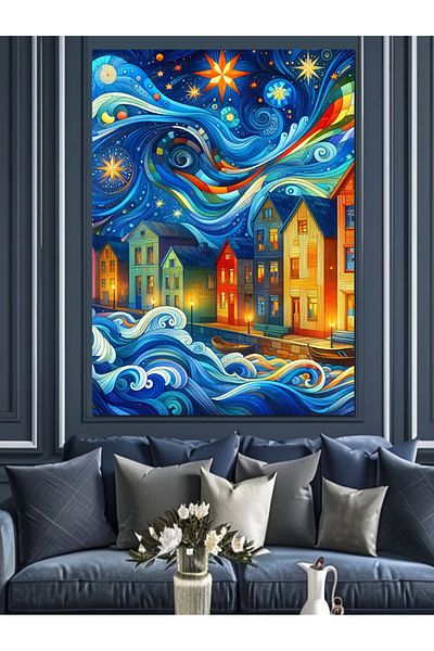 Tablomega Colorful Houses and Universe Decorative Canvas - Mdf Wooden Painting