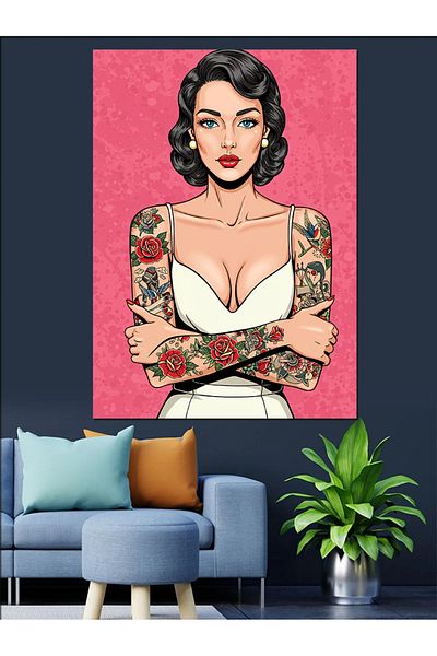 Tablomega Tattooed Retro Woman Decorative Canvas - Mdf Wooden Painting